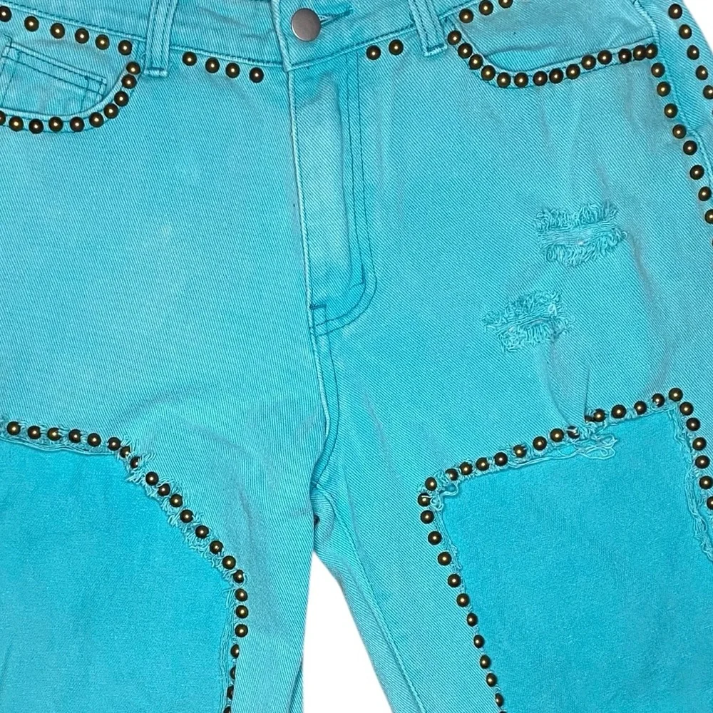POL Turquoise Studded Cutout Jeans Medium Boho Festival Western Statement